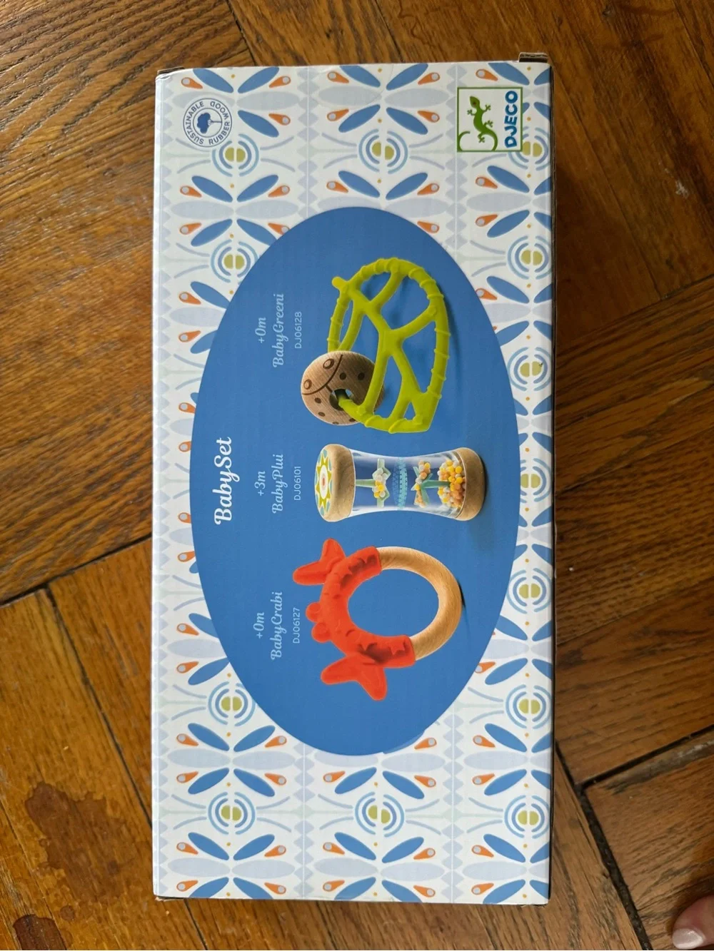Djeco BabySet Teething & Rattle Trio in Green and Orange